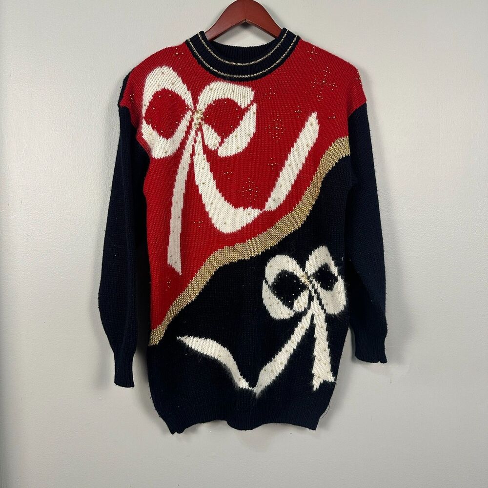 Vintage Dana Scott Womens Sweater Size Medium Bow Holiday Christmas Beaded